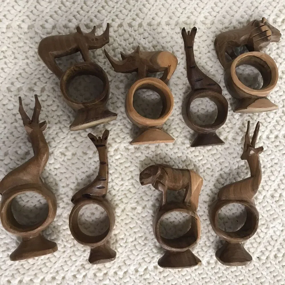 Vintage Hand Carved Wooden African Safari Animal Napkin Ring Holders Set of 8